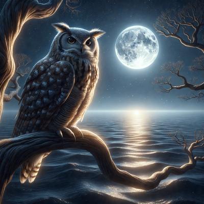 Primary subject: An owl sitting on a branch.

Setting/background: The owl is sitting on a branch in front of a body of water, with a moon in the background.

Visual style: The image is a digital art or illustration.

Colors and mood: The image has a dark and moody atmosphere, with the owl being the main focus.